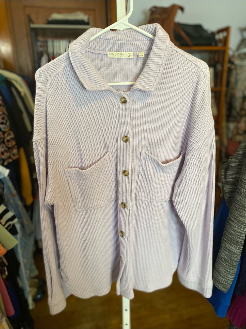 Uncharted light Lavender waffle Knit button down sweater
